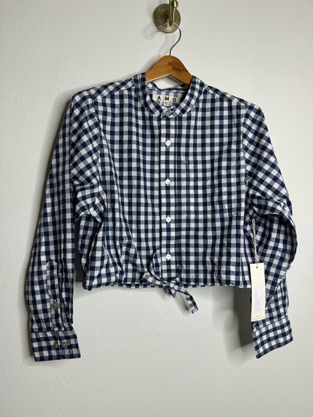 NWT AMO Rosalind Shirt Blue Navy Checkered Cropped Button Down Shirt Small - Picture 7 of 14